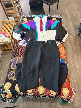 Vintage Colorblock Ski Jumpsuit in Black with Teal, Purple & Pink Accents
